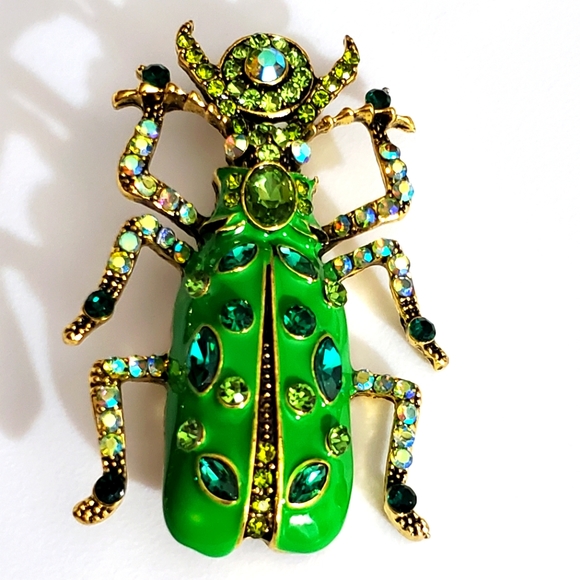 Jewel bug brooch pin beetle Rhinestones crystals enamel green gold BIG vtg style - Picture 1 of 9